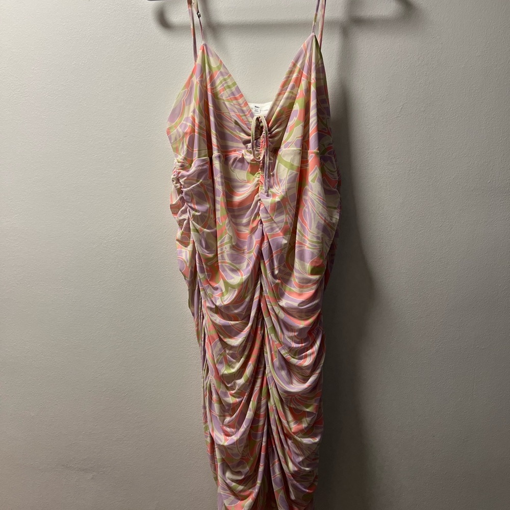 BP Ruched Spaghetti Strap Elegant Multicolor Swirl Dress Women’s 2X EUC